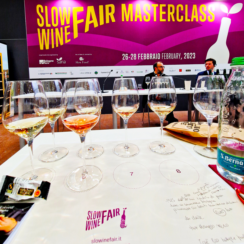 Bicchieri di vino al tavolo degustazione durante Slow Wine fair 2023